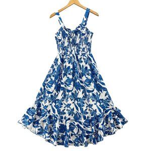 Grace Karin Floral Midi Dress Blue Smocked Sleeveless Fit Flare Sundress Size M